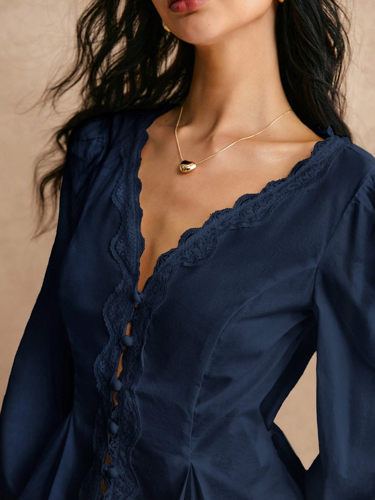 Poéselle Cotton Elegant Lace Trimmed Waist Button Detail Shirt, Long Sleeve Top, For Everyday Work Outing Effortless Chic Essential, FW24, Fall Womenswear