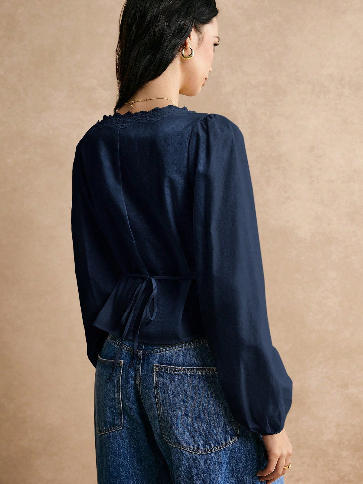 Poéselle Cotton Elegant Lace Trimmed Waist Button Detail Shirt, Long Sleeve Top, For Everyday Work Outing Effortless Chic Essential, FW24, Fall Womenswear