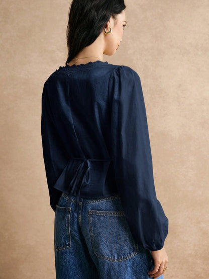 Poéselle Cotton Elegant Lace Trimmed Waist Button Detail Shirt, Long Sleeve Top, For Everyday Work Outing Effortless Chic Essential, FW24, Fall Womenswear
