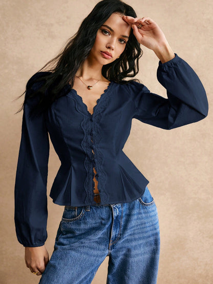Poéselle Cotton Elegant Lace Trimmed Waist Button Detail Shirt, Long Sleeve Top, For Everyday Work Outing Effortless Chic Essential, FW24, Fall Womenswear