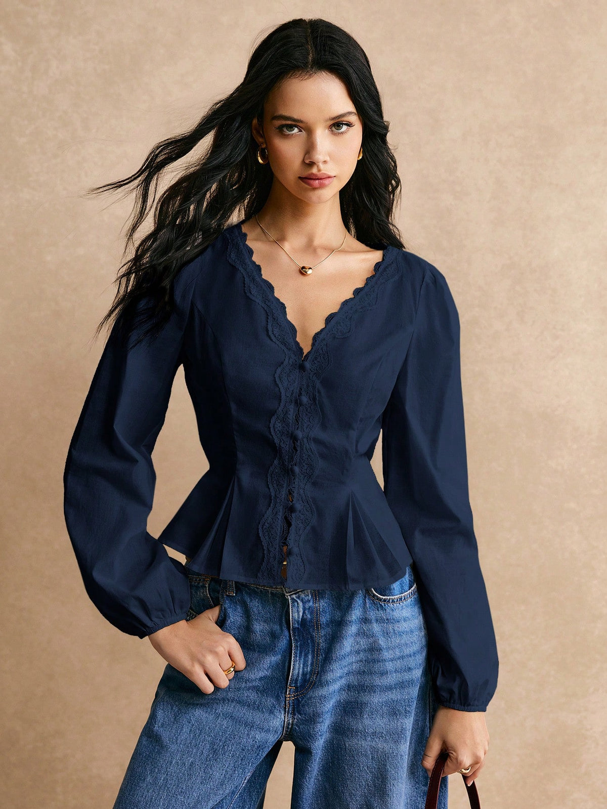 Poéselle Cotton Elegant Lace Trimmed Waist Button Detail Shirt, Long Sleeve Top, For Everyday Work Outing Effortless Chic Essential, FW24, Fall Womenswear