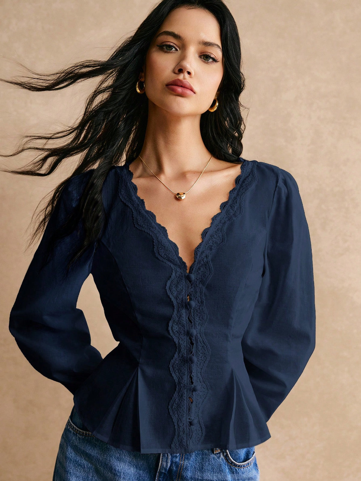 Poéselle Cotton Elegant Lace Trimmed Waist Button Detail Shirt, Long Sleeve Top, For Everyday Work Outing Effortless Chic Essential, FW24, Fall Womenswear