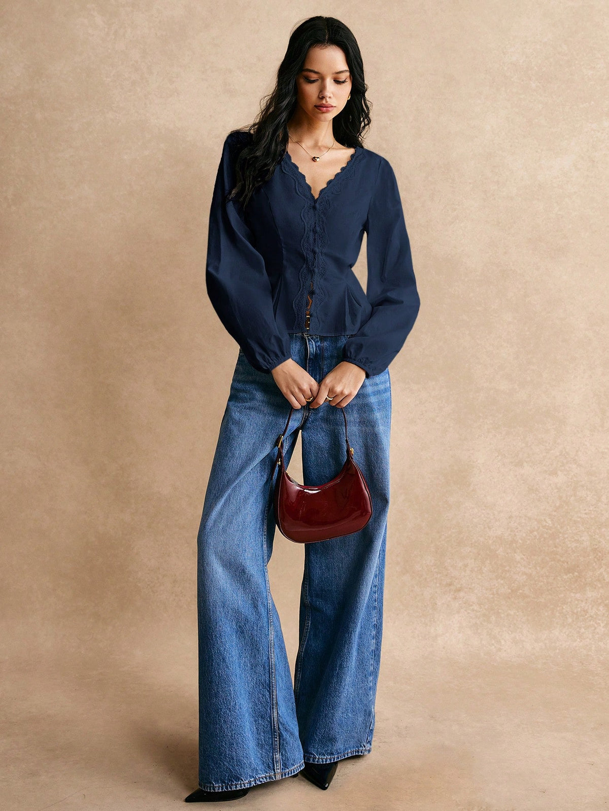 Poéselle Cotton Elegant Lace Trimmed Waist Button Detail Shirt, Long Sleeve Top, For Everyday Work Outing Effortless Chic Essential, FW24, Fall Womenswear