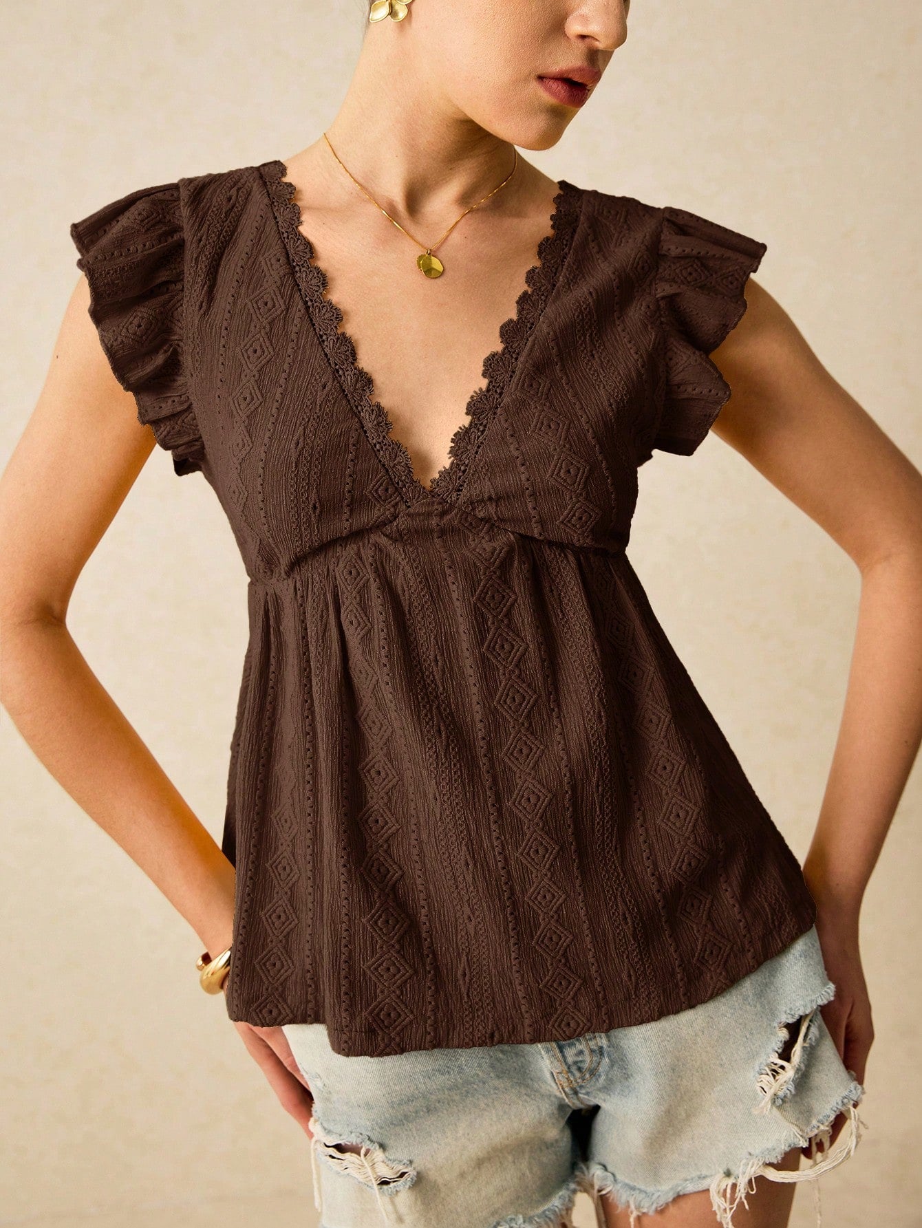 Poéselle Summer Beach Holiday Jacquard Knit Cap Sleeve T-Shirt