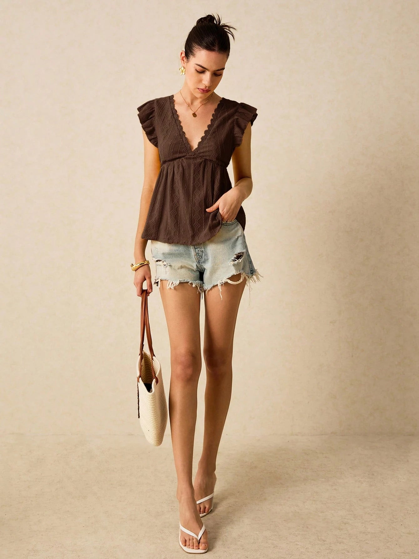 Poéselle Summer Beach Holiday Jacquard Knit Cap Sleeve T-Shirt