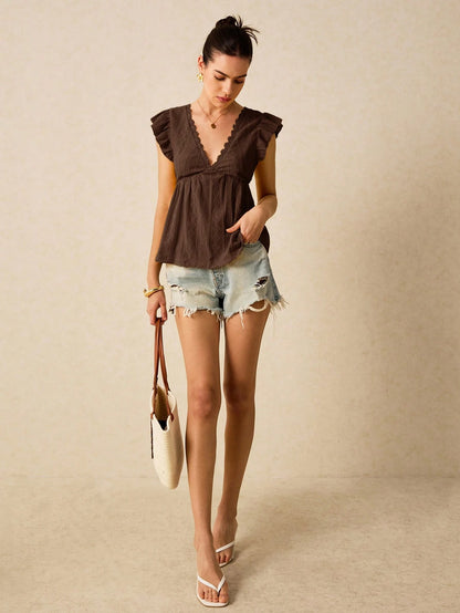 Poéselle Summer Beach Holiday Jacquard Knit Cap Sleeve T-Shirt