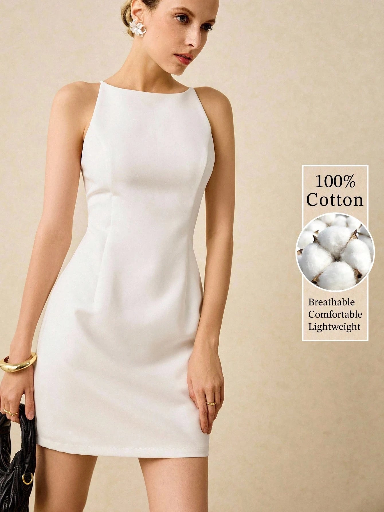 Poéselle Women Elegant Minimalist Solid White Cotton Sleeveless Short Dress, Summer Tropical Cocktail Date Party Formal Wedding Graduation, Business Casual
