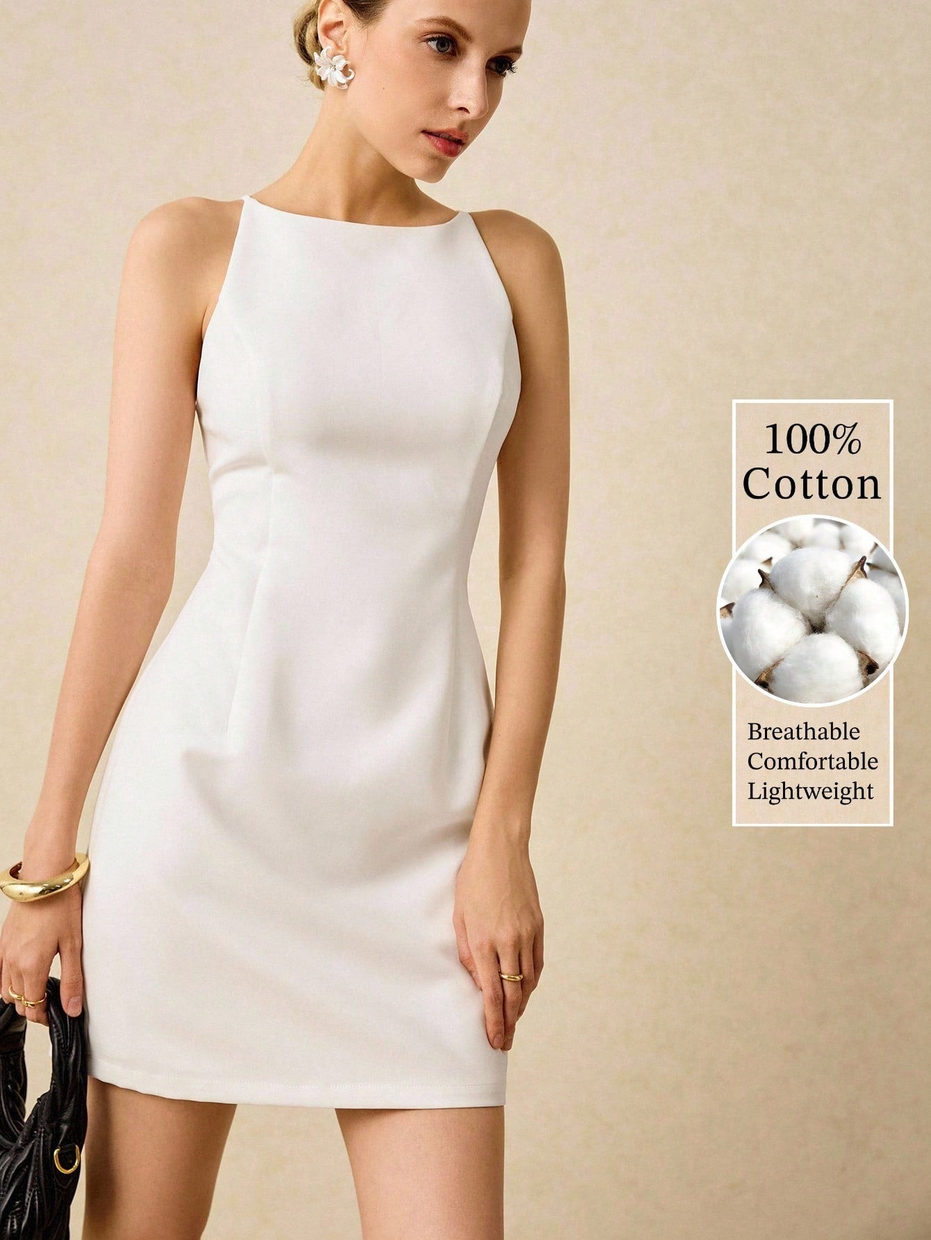 Poéselle Women Elegant Minimalist Solid White Cotton Sleeveless Short Dress, Summer Tropical Cocktail Date Party Formal Wedding Graduation, Business Casual