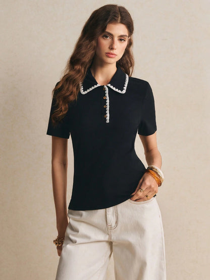 Poéselle Women's Black And White Striped Polo Shirt, Pure Cotton High Elasticity Classic Contrast Trim Design, Casual Top For Daily, Shopping Office Summer