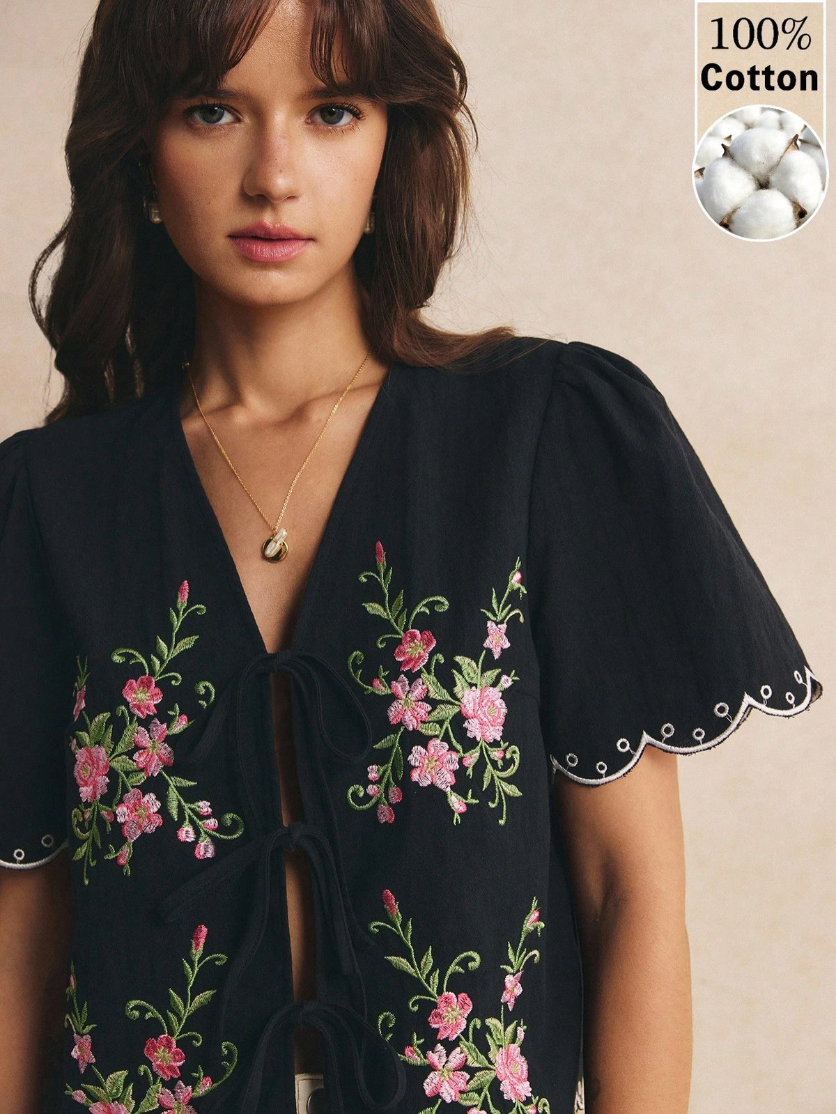 Poéselle Women's Cotton Casual Floral Embroidered Lace-Up Blouse,Going Out Tops, Work,Casual Blouses, Vacation,Summer/Autumn