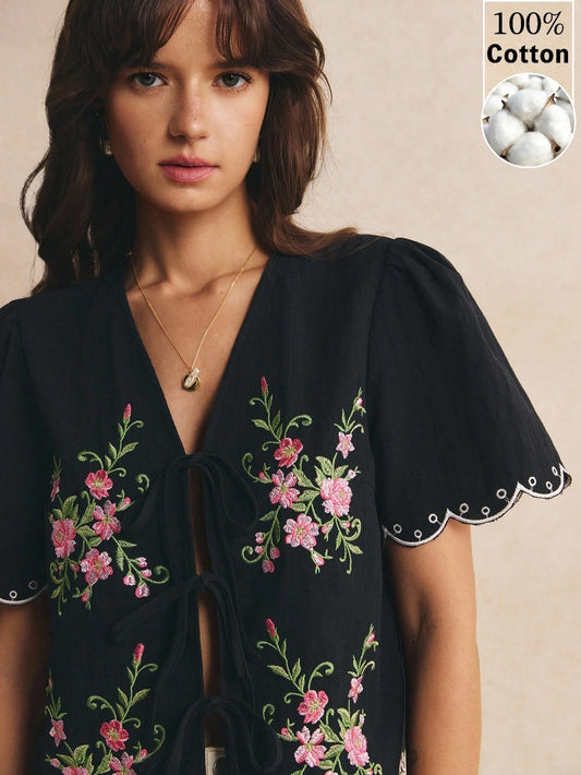 Poéselle Women's Cotton Casual Floral Embroidered Lace-Up Blouse,Going Out Tops, Work,Casual Blouses, Vacation,Summer/Autumn