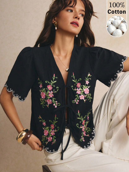 Poéselle Women's Cotton Casual Floral Embroidered Lace-Up Blouse,Going Out Tops, Work,Casual Blouses, Vacation,Summer/Autumn