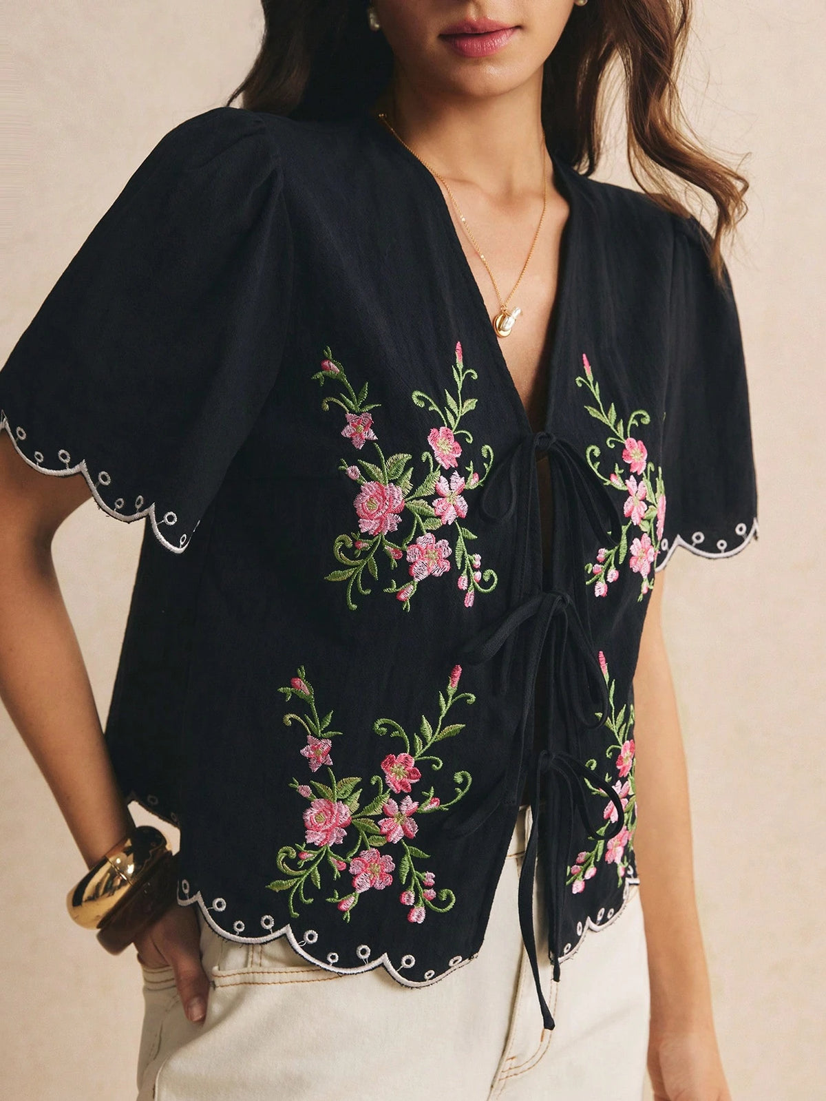 Poéselle Women's Cotton Casual Floral Embroidered Lace-Up Blouse,Going Out Tops, Work,Casual Blouses, Vacation,Summer/Autumn