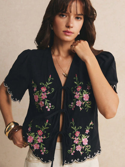 Poéselle Women's Cotton Casual Floral Embroidered Lace-Up Blouse,Going Out Tops, Work,Casual Blouses, Vacation,Summer/Autumn
