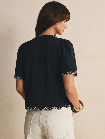 Poéselle Women's Cotton Casual Floral Embroidered Lace-Up Blouse,Going Out Tops, Work,Casual Blouses, Vacation,Summer/Autumn