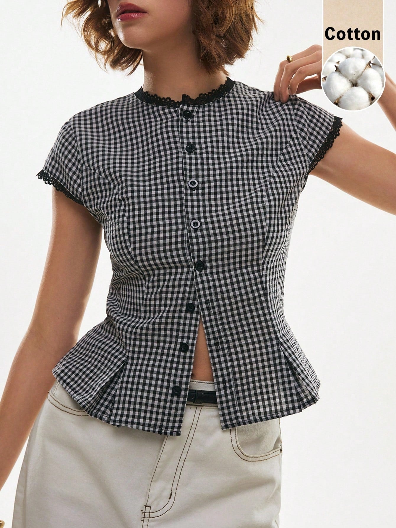 Poéselle Women's Cotton Gingham Lace-Trim Peplum Button-Down Blouse,Short-Sleeve Vintage 2000s Shirt,Black And White Checkered,Cottagecore Vacation