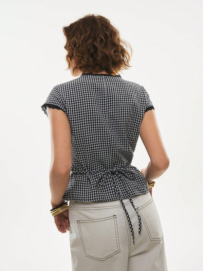 Poéselle Women's Cotton Gingham Lace-Trim Peplum Button-Down Blouse,Short-Sleeve Vintage 2000s Shirt,Black And White Checkered,Cottagecore Vacation