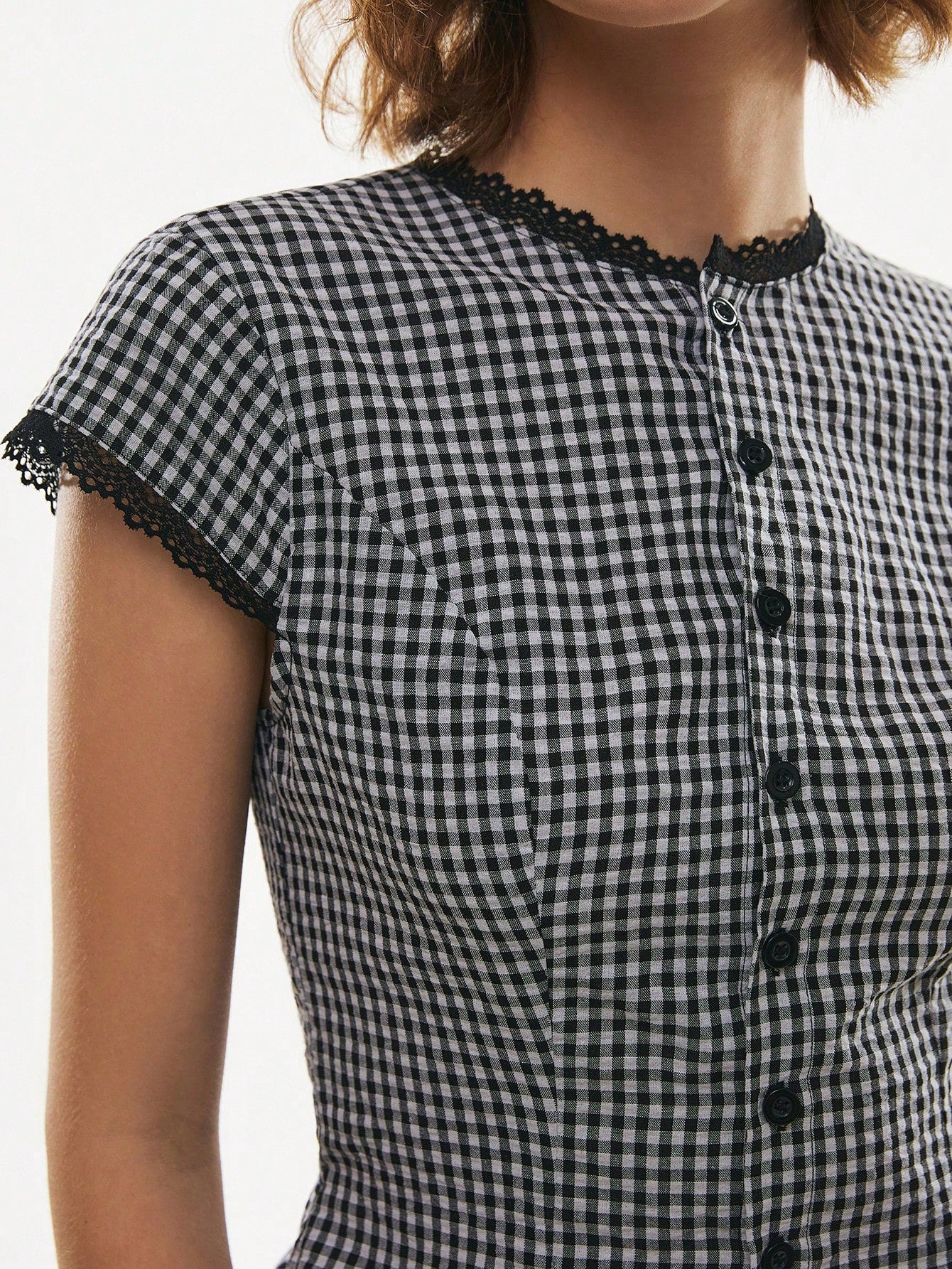 Poéselle Women's Cotton Gingham Lace-Trim Peplum Button-Down Blouse,Short-Sleeve Vintage 2000s Shirt,Black And White Checkered,Cottagecore Vacation
