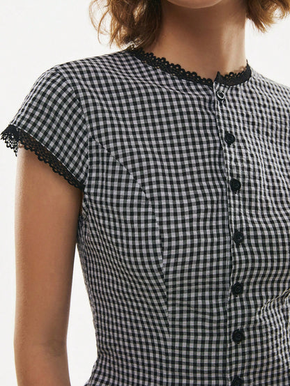 Poéselle Women's Cotton Gingham Lace-Trim Peplum Button-Down Blouse,Short-Sleeve Vintage 2000s Shirt,Black And White Checkered,Cottagecore Vacation
