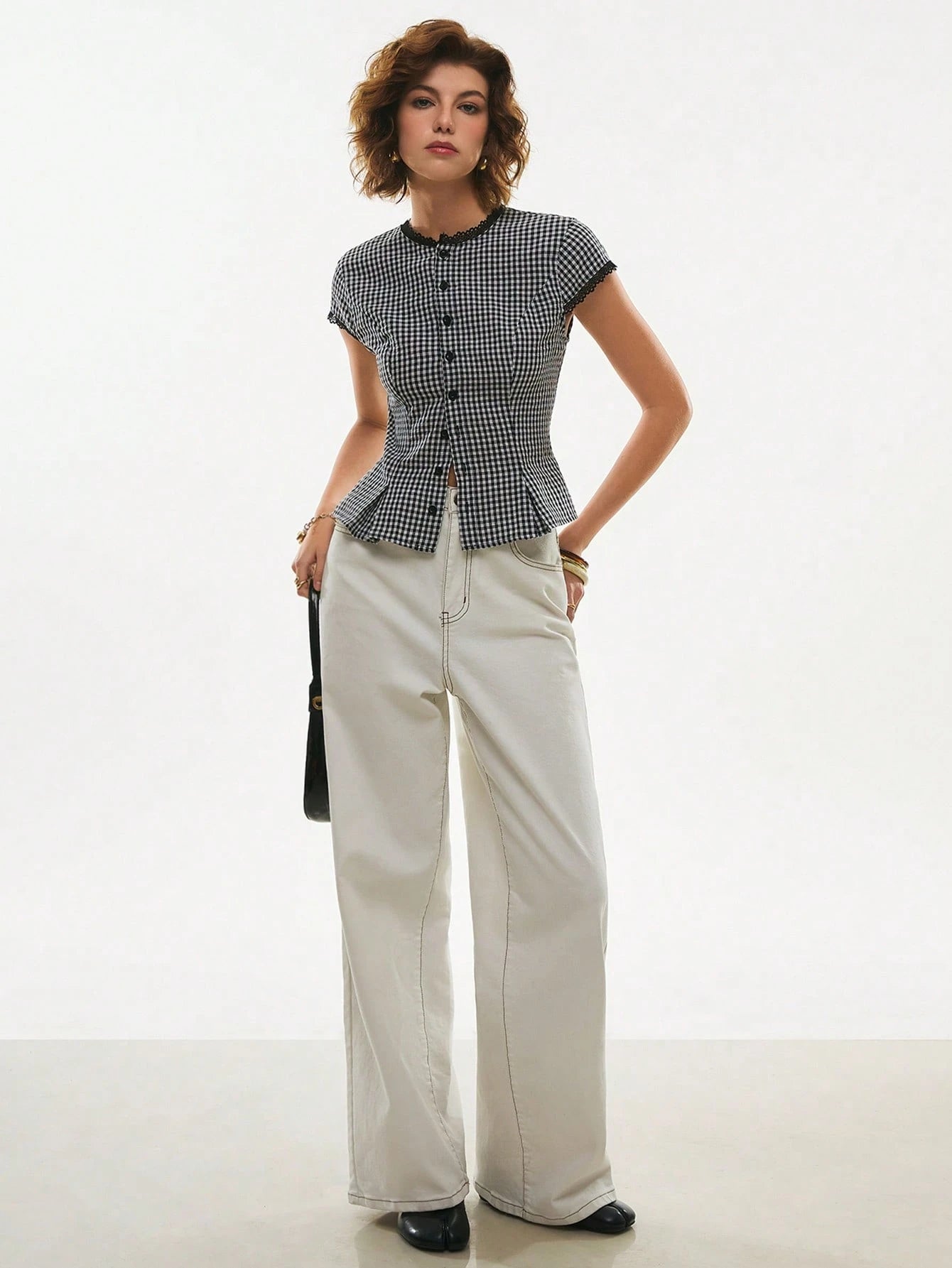 Poéselle Women's Cotton Gingham Lace-Trim Peplum Button-Down Blouse,Short-Sleeve Vintage 2000s Shirt,Black And White Checkered,Cottagecore Vacation
