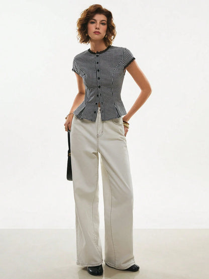 Poéselle Women's Cotton Gingham Lace-Trim Peplum Button-Down Blouse,Short-Sleeve Vintage 2000s Shirt,Black And White Checkered,Cottagecore Vacation