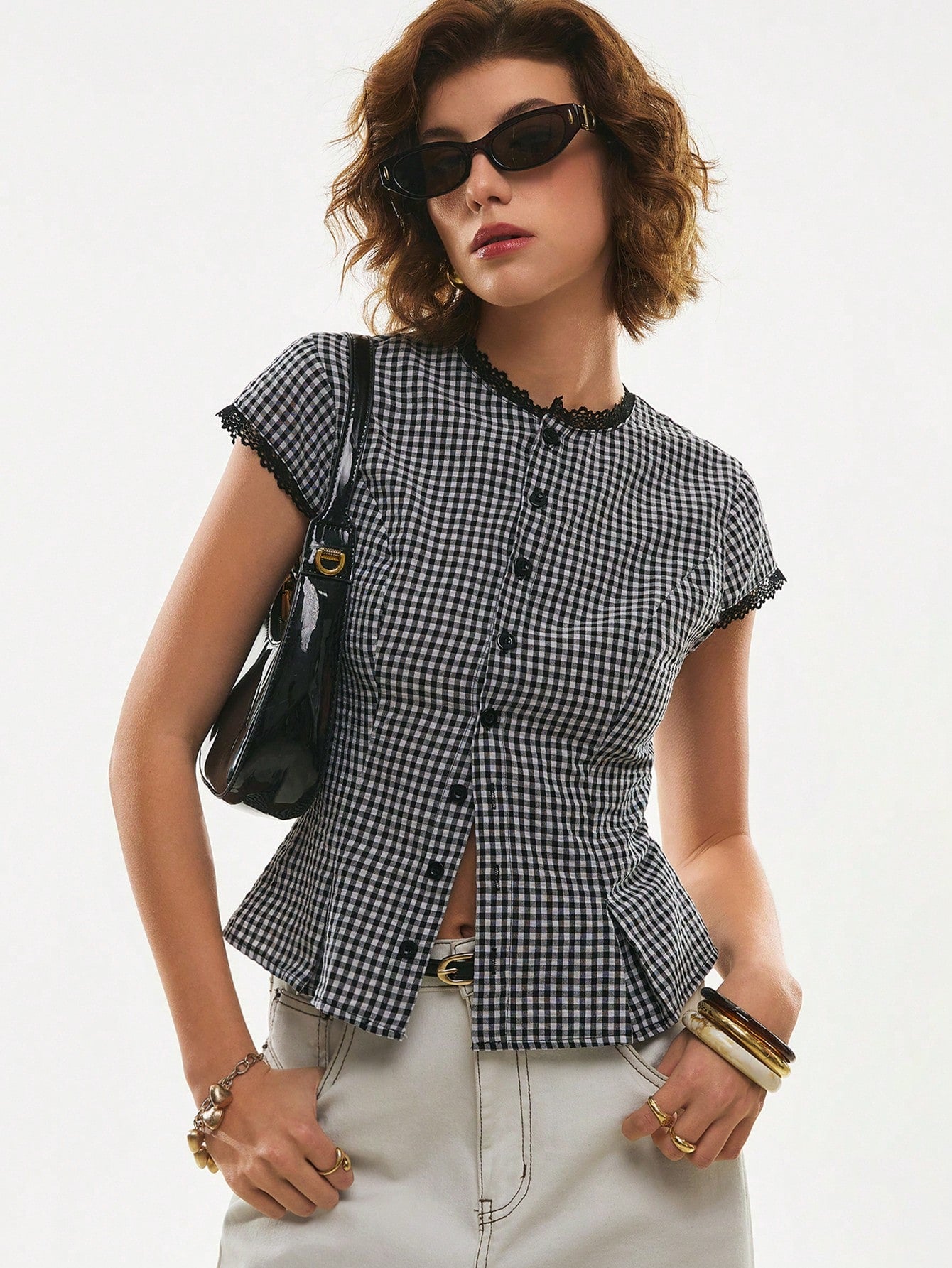 Poéselle Women's Cotton Gingham Lace-Trim Peplum Button-Down Blouse,Short-Sleeve Vintage 2000s Shirt,Black And White Checkered,Cottagecore Vacation