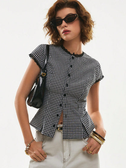 Poéselle Women's Cotton Gingham Lace-Trim Peplum Button-Down Blouse,Short-Sleeve Vintage 2000s Shirt,Black And White Checkered,Cottagecore Vacation