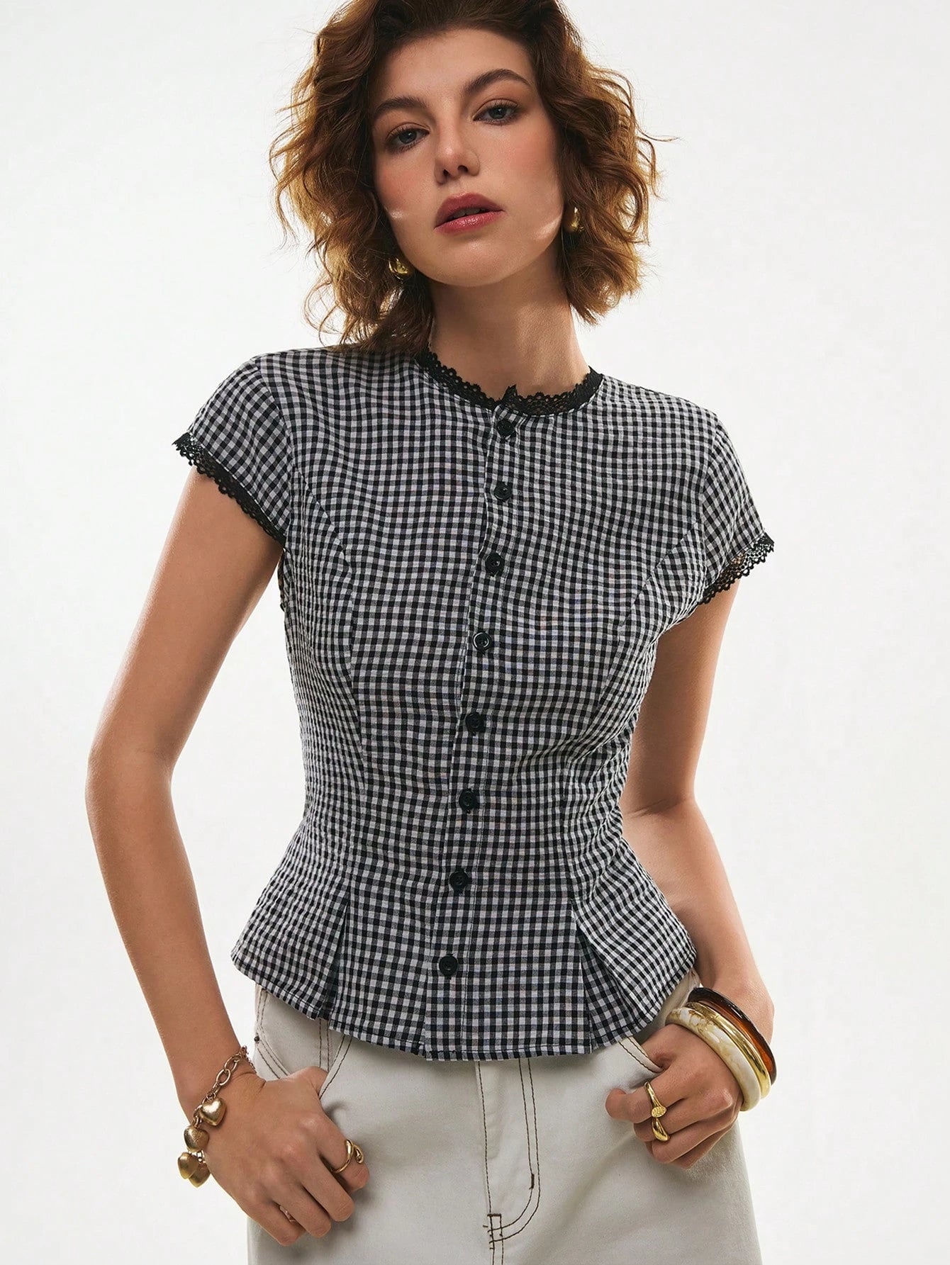 Poéselle Women's Cotton Gingham Lace-Trim Peplum Button-Down Blouse,Short-Sleeve Vintage 2000s Shirt,Black And White Checkered,Cottagecore Vacation