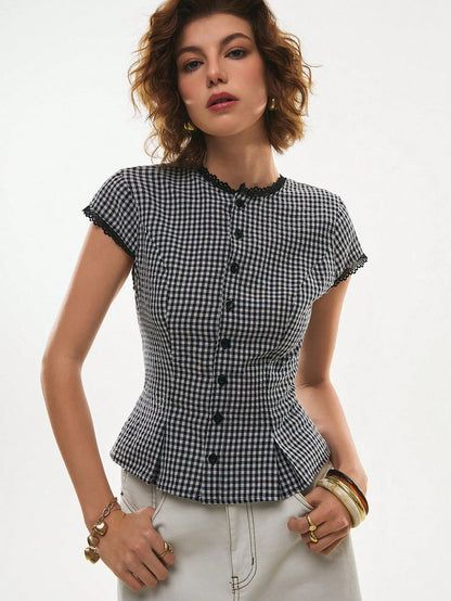Poéselle Women's Cotton Gingham Lace-Trim Peplum Button-Down Blouse,Short-Sleeve Vintage 2000s Shirt,Black And White Checkered,Cottagecore Vacation