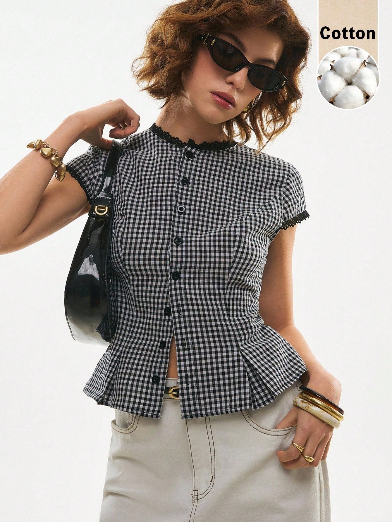 Poéselle Women's Cotton Gingham Lace-Trim Peplum Button-Down Blouse,Short-Sleeve Vintage 2000s Shirt,Black And White Checkered,Cottagecore Vacation