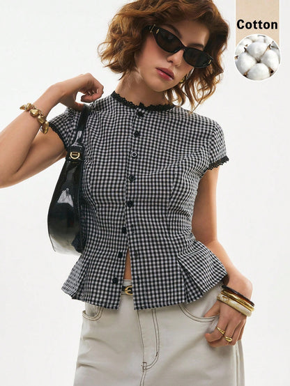 Poéselle Women's Cotton Gingham Lace-Trim Peplum Button-Down Blouse,Short-Sleeve Vintage 2000s Shirt,Black And White Checkered,Cottagecore Vacation