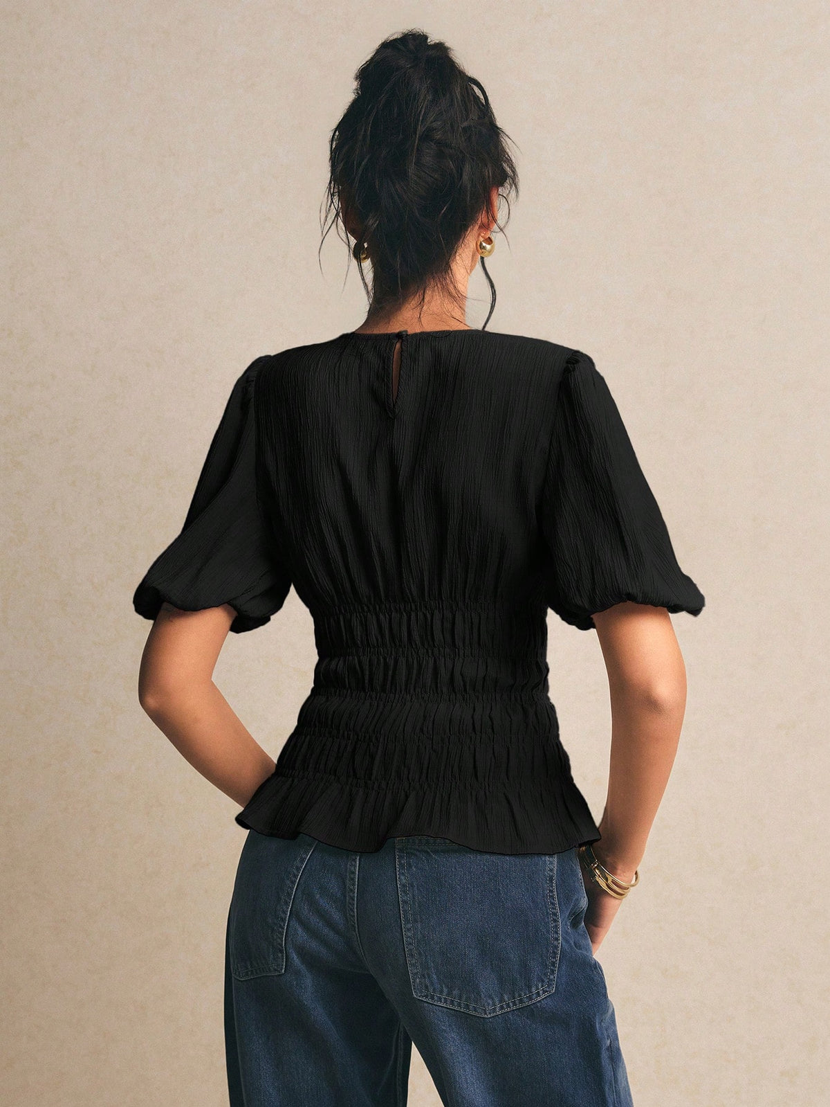 Poéselle Women's Solid Color Round Neck Short Puff Sleeve Ruched Waist Blouse