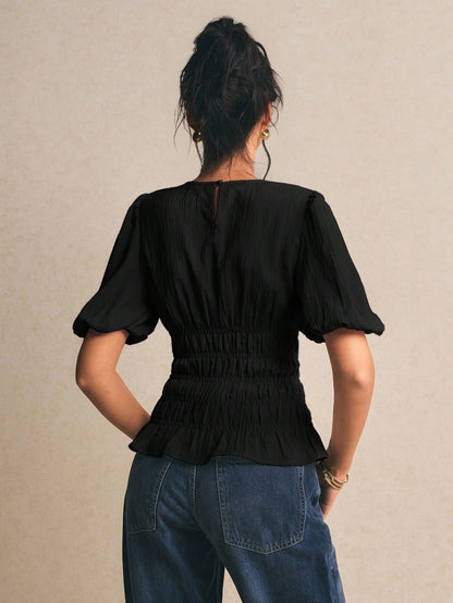 Poéselle Women's Solid Color Round Neck Short Puff Sleeve Ruched Waist Blouse