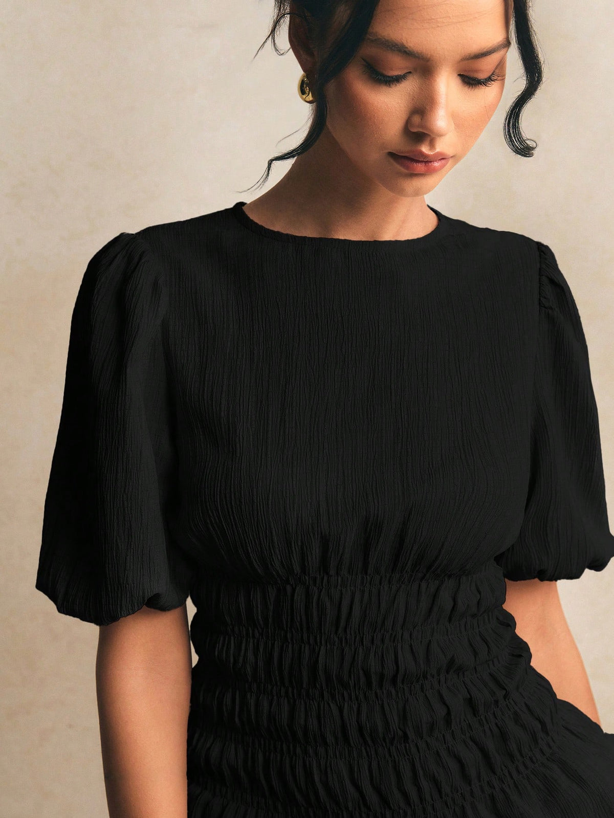 Poéselle Women's Solid Color Round Neck Short Puff Sleeve Ruched Waist Blouse