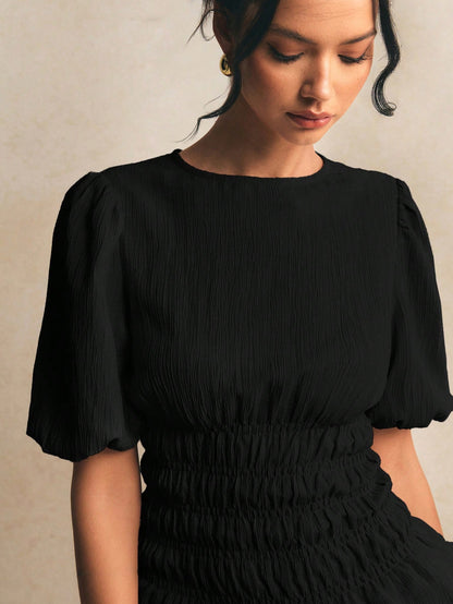 Poéselle Women's Solid Color Round Neck Short Puff Sleeve Ruched Waist Blouse