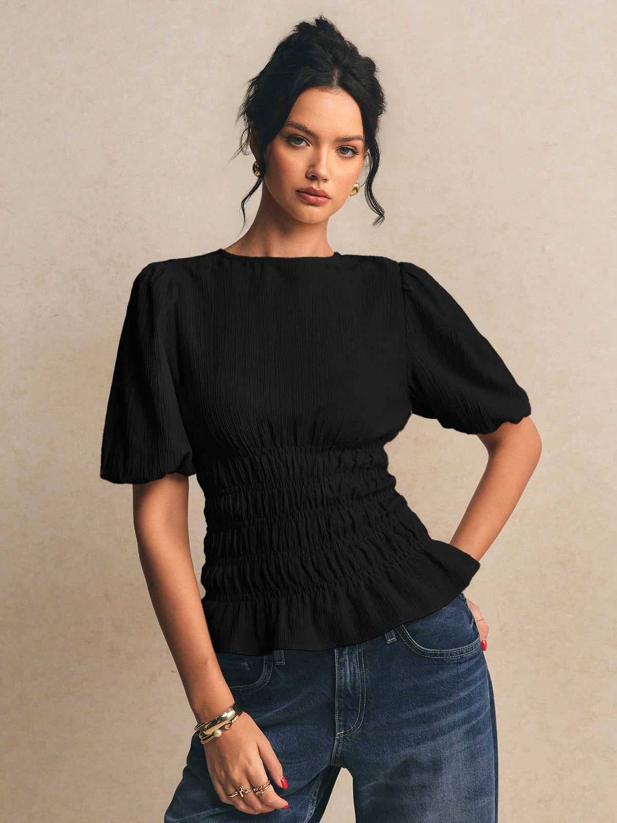 Poéselle Women's Solid Color Round Neck Short Puff Sleeve Ruched Waist Blouse