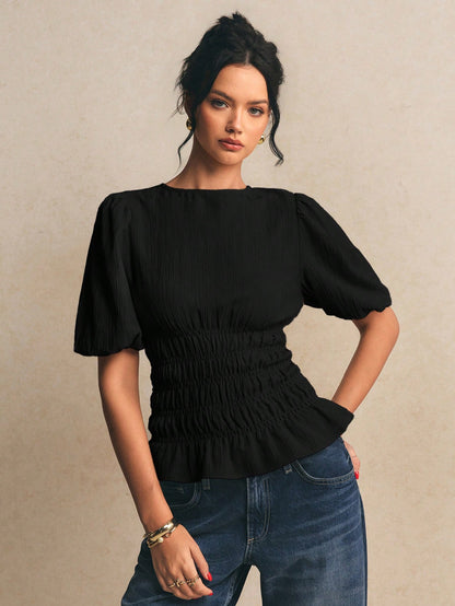 Poéselle Women's Solid Color Round Neck Short Puff Sleeve Ruched Waist Blouse