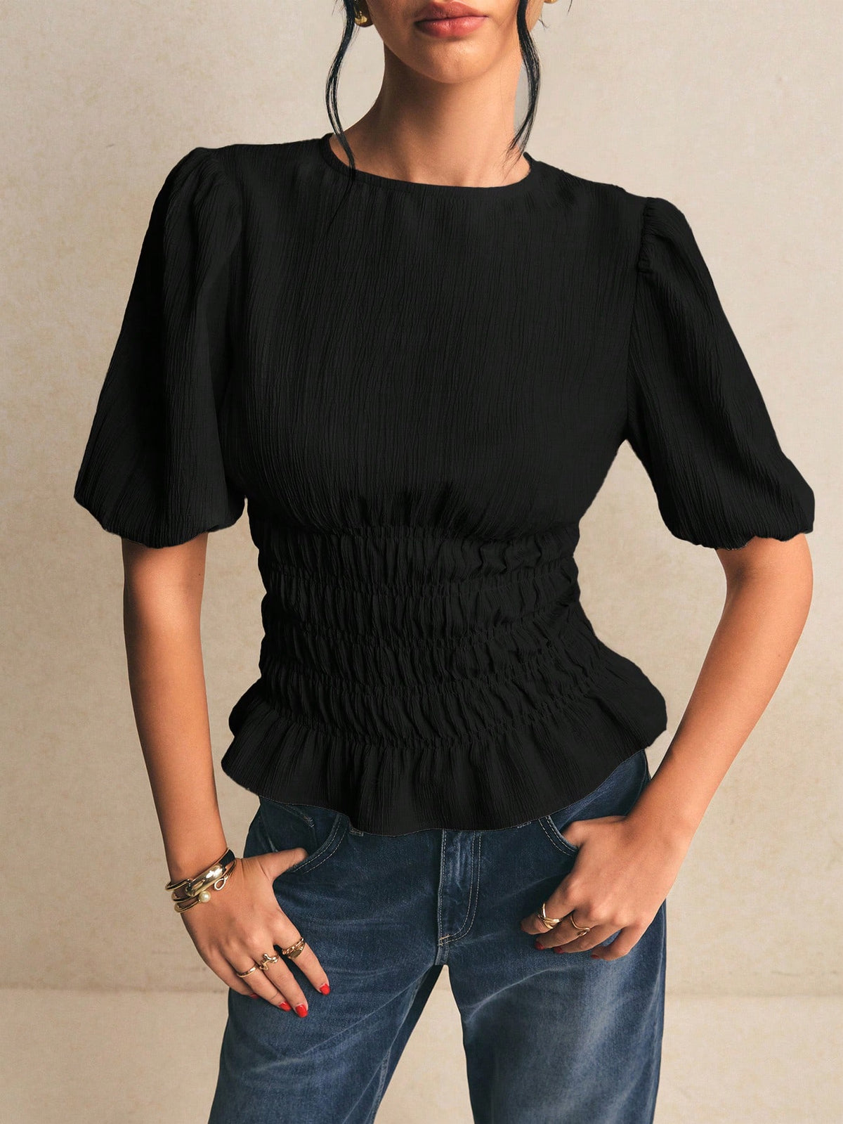 Poéselle Women's Solid Color Round Neck Short Puff Sleeve Ruched Waist Blouse
