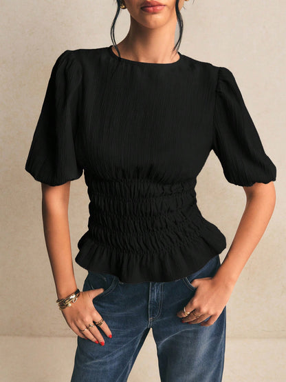 Poéselle Women's Solid Color Round Neck Short Puff Sleeve Ruched Waist Blouse