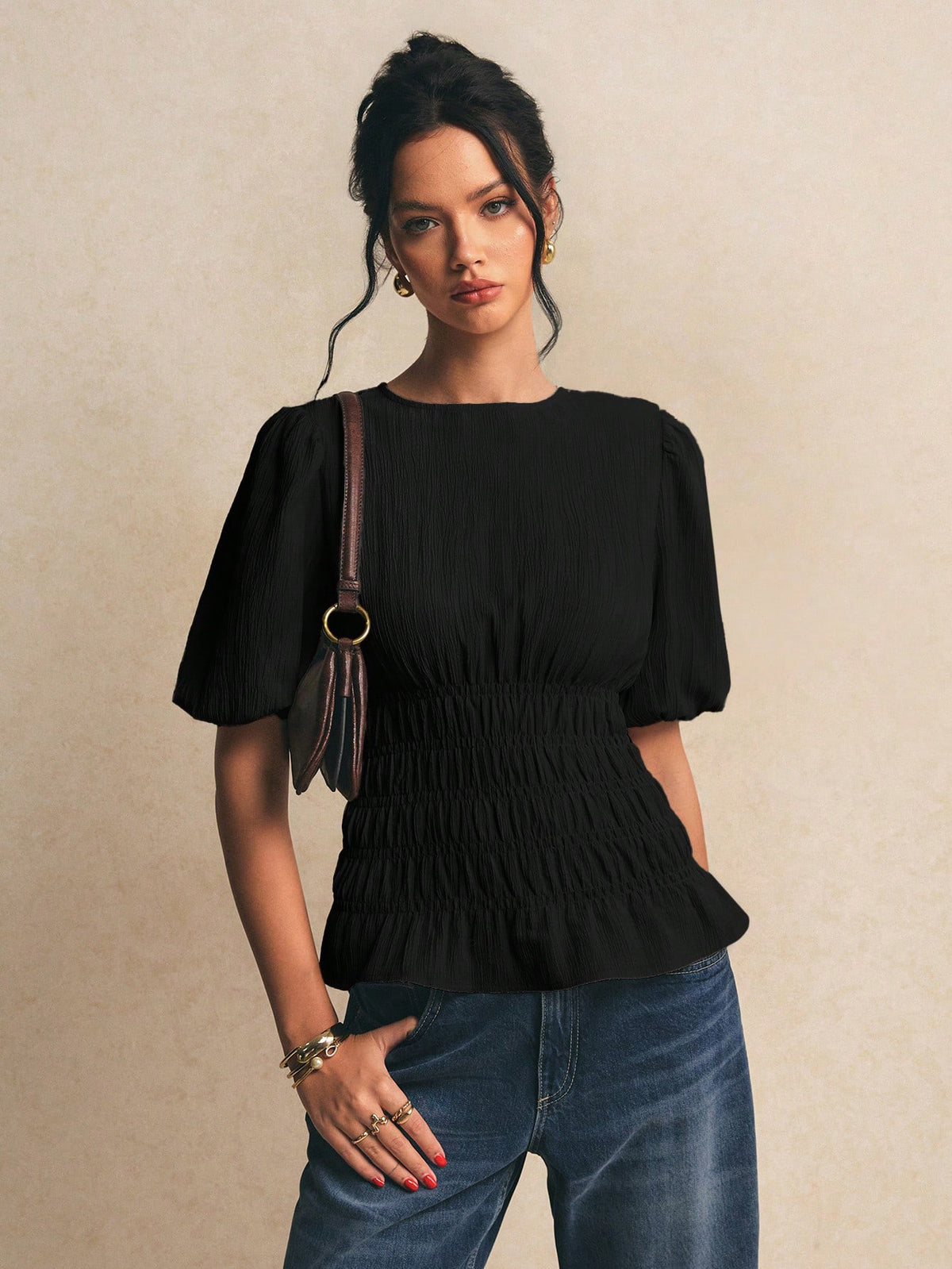 Poéselle Women's Solid Color Round Neck Short Puff Sleeve Ruched Waist Blouse