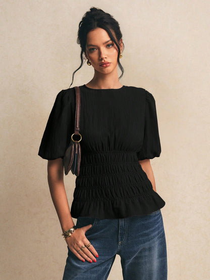 Poéselle Women's Solid Color Round Neck Short Puff Sleeve Ruched Waist Blouse