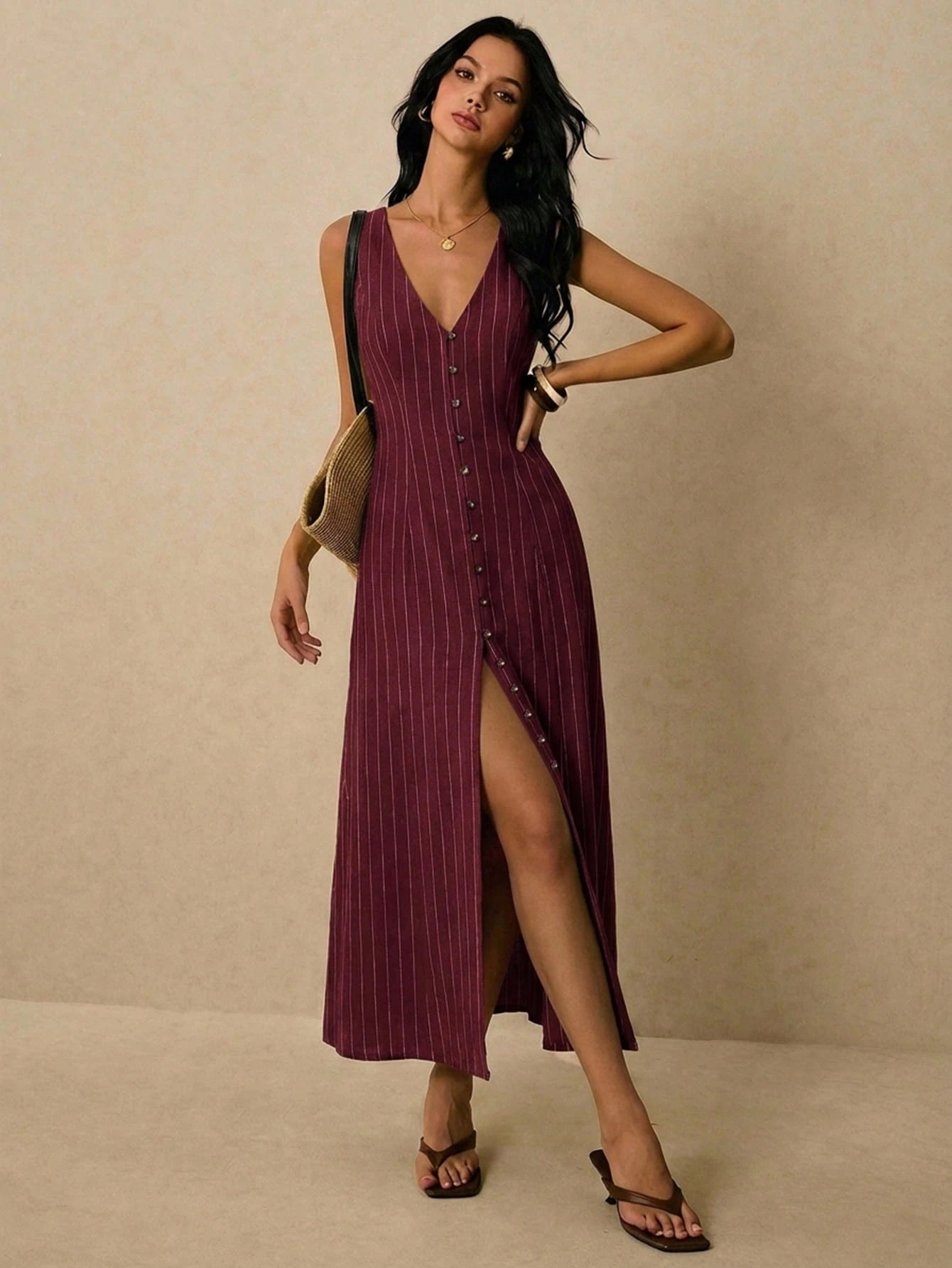 Poéselle Women's Striped Single-Breasted V-Neck Sleeveless Casual Velvet Dress Holiday Holiday Vacation Burgundy Summer