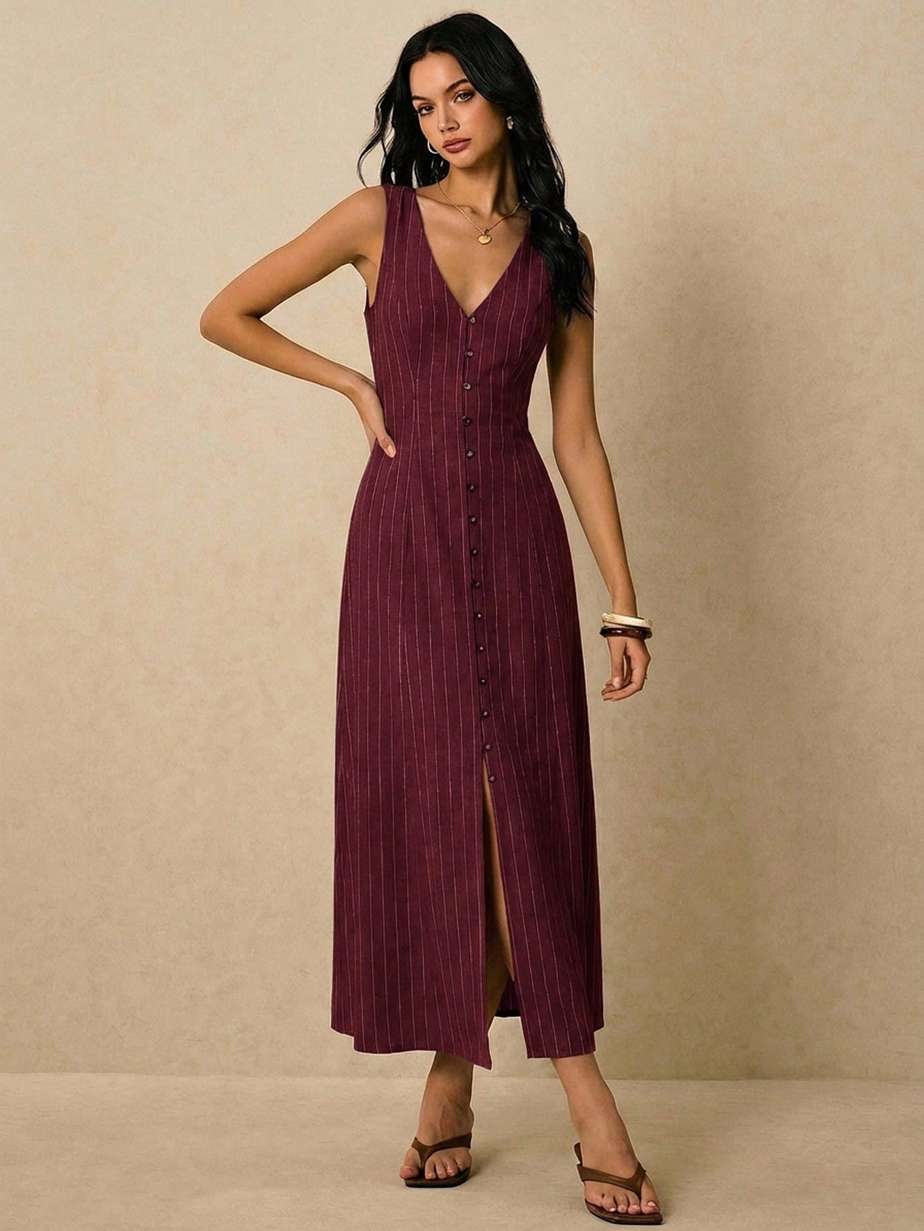 Poéselle Women's Striped Single-Breasted V-Neck Sleeveless Casual Velvet Dress Holiday Holiday Vacation Burgundy Summer