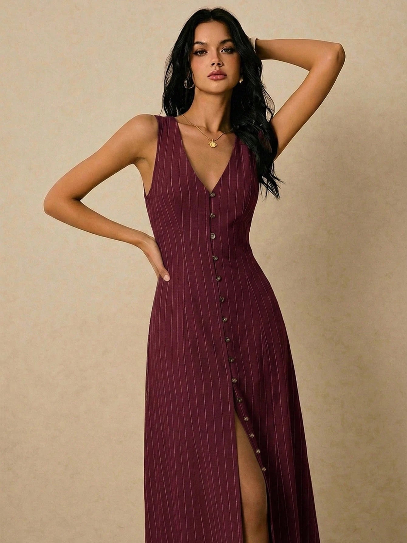Poéselle Women's Striped Single-Breasted V-Neck Sleeveless Casual Velvet Dress Holiday Holiday Vacation Burgundy Summer