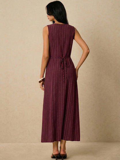 Poéselle Women's Striped Single-Breasted V-Neck Sleeveless Casual Velvet Dress Holiday Holiday Vacation Burgundy Summer