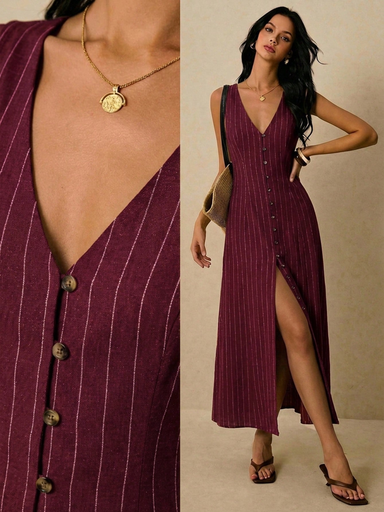 Poéselle Women's Striped Single-Breasted V-Neck Sleeveless Casual Velvet Dress Holiday Holiday Vacation Burgundy Summer