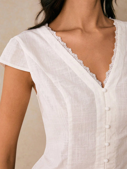 Poéselle Women Solid Color Contrast Lace Cap Sleeve Single Button Casual Romantic Elegant Blouse Wedding Day Party Tea Party Date White Summer