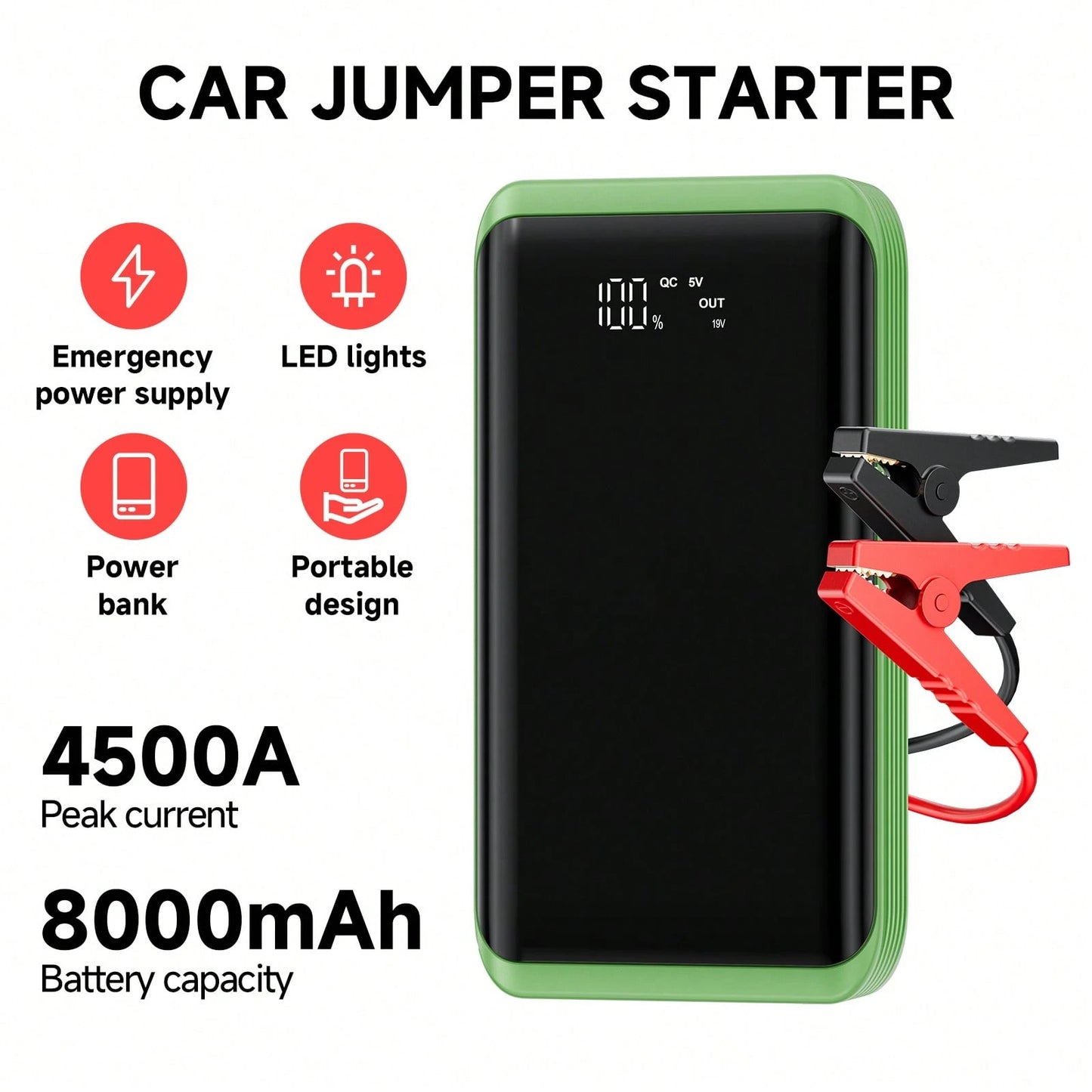 Portable 4500A Car Battery Jump Starter 12V, Fast Emergency Start For Dead Flat Battery, USB Charger & LED Flashlight, Compact Roadside Rescue Kit, Ideal Gift For Husband Dad Son, Winter-Ready Gear