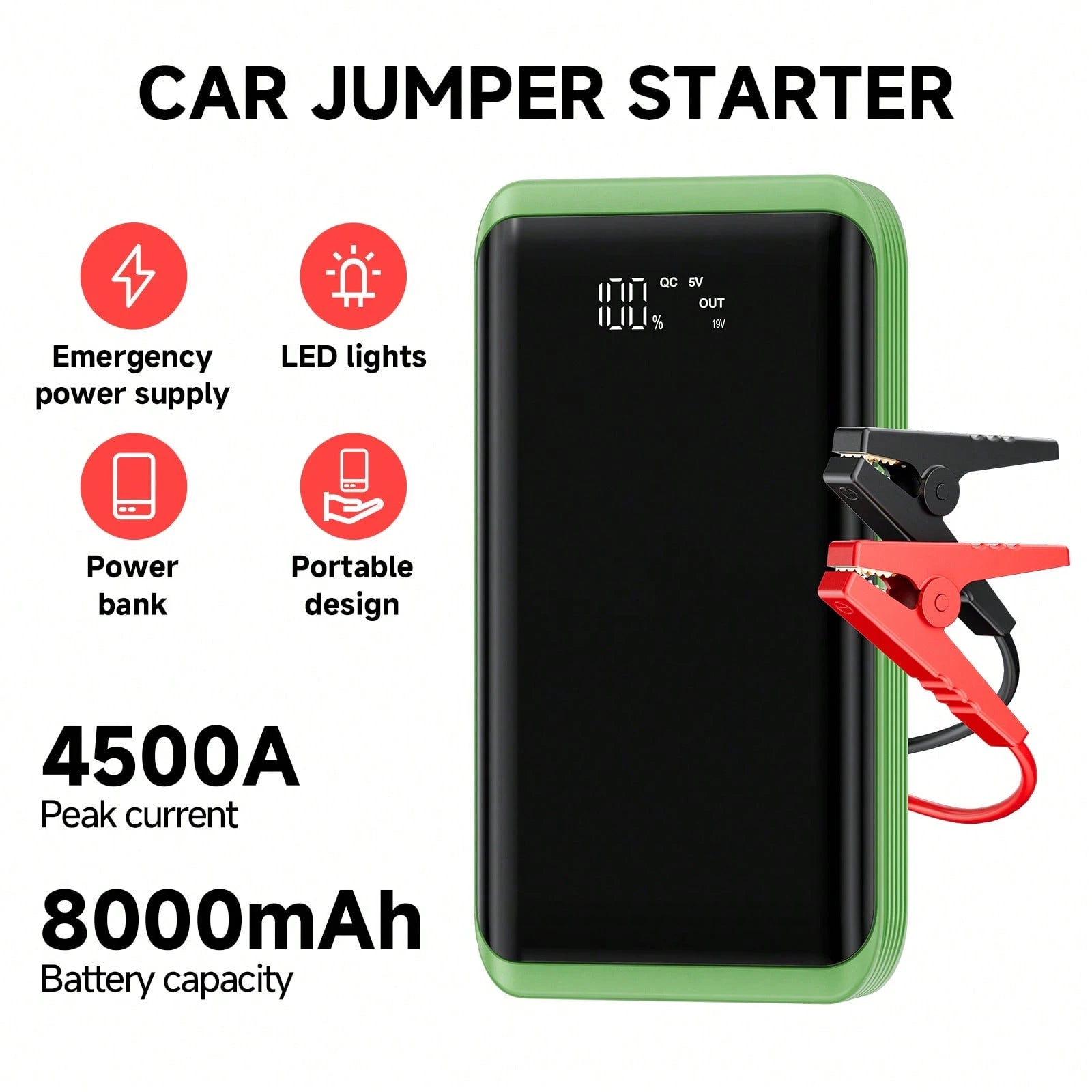 Portable 4500A Car Battery Jump Starter 12V, Fast Emergency Start For Dead Flat Battery, USB Charger & LED Flashlight, Compact Roadside Rescue Kit, Ideal Gift For Husband Dad Son, Winter-Ready Gear