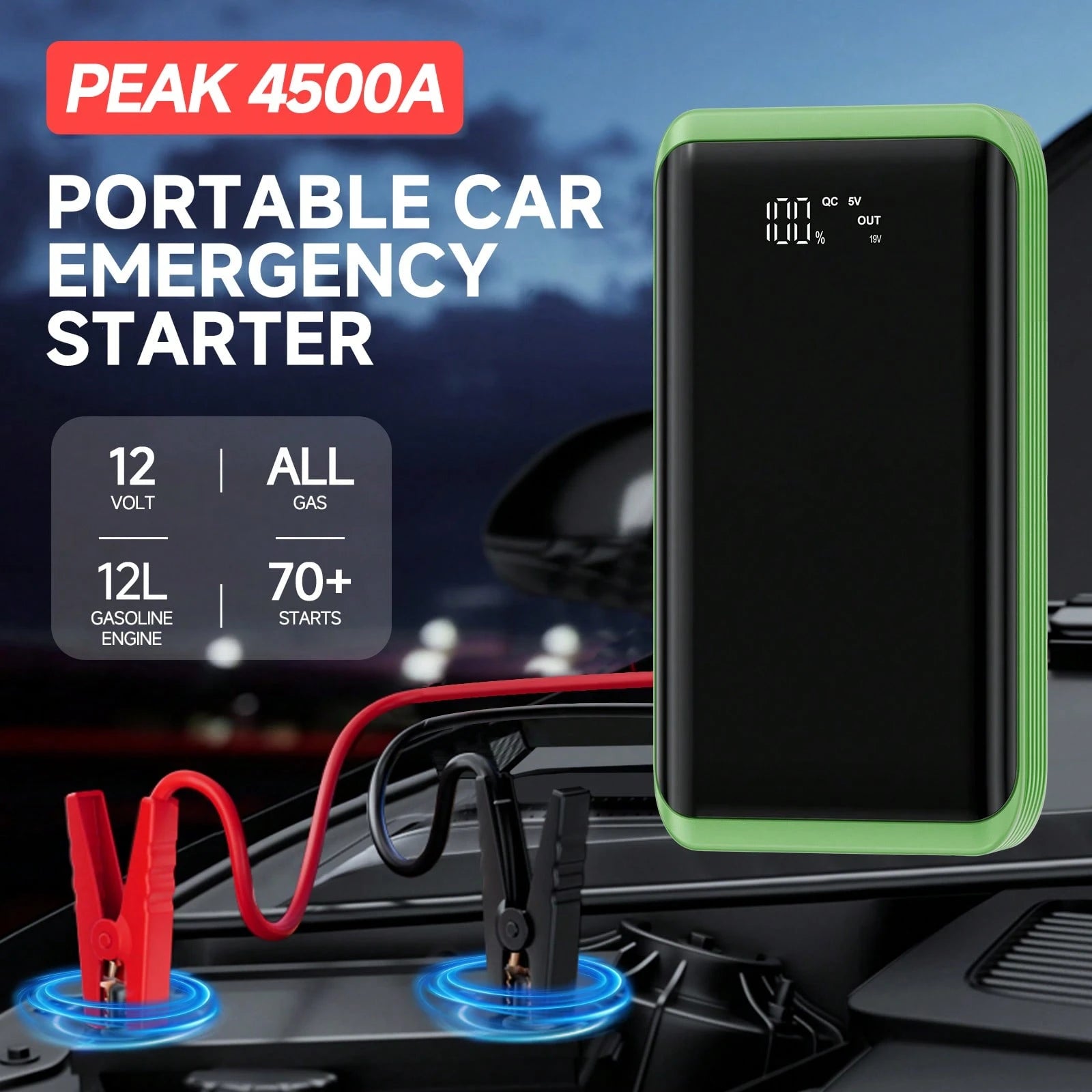 Portable 4500A Car Battery Jump Starter 12V, Fast Emergency Start For Dead Flat Battery, USB Charger & LED Flashlight, Compact Roadside Rescue Kit, Ideal Gift For Husband Dad Son, Winter-Ready Gear